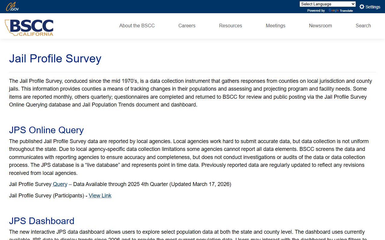 BSCC Jail Profile Survey page for Glenn County inmate population reporting