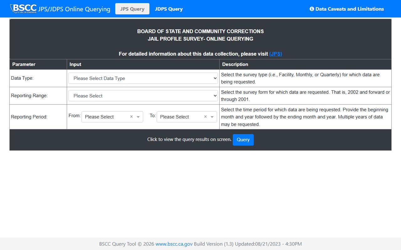 BSCC JPS Query Tool for California jail population data including Glenn County