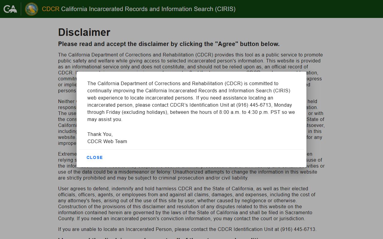 CDCR CIRIS search page for sentenced Glenn County state prisoners
