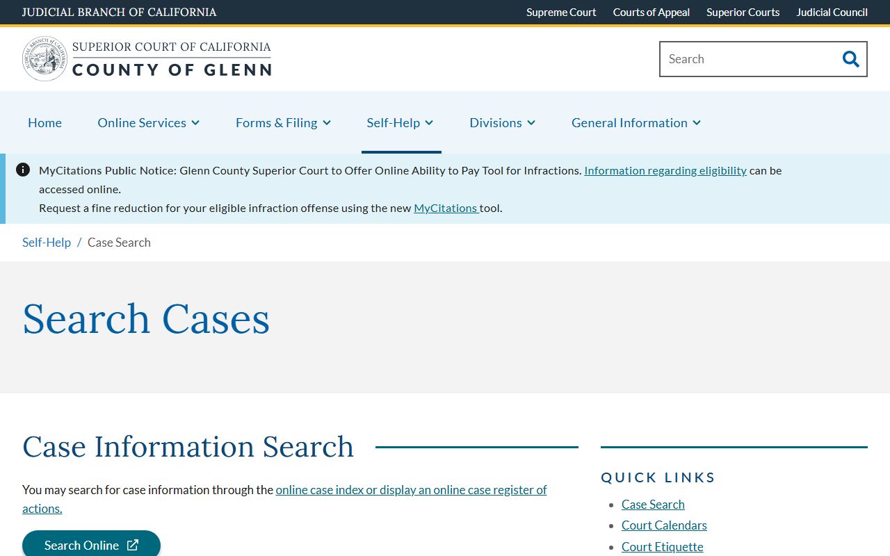 Glenn Superior Court case search page for court records after arrest