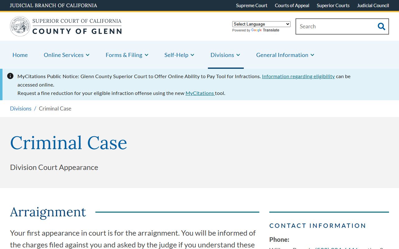Glenn Superior Court criminal case page with arraignment and warrant information